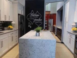 kitchen with waterfall countertop