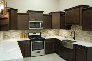 Home with dark brown cabinets