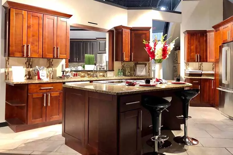 Kitchen with island and brown cabinets