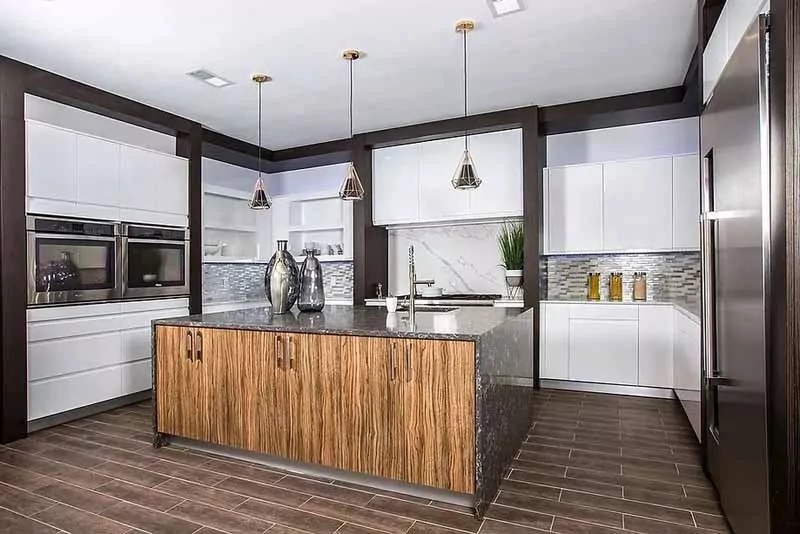 Modern kitchen with steel and wood cabinets