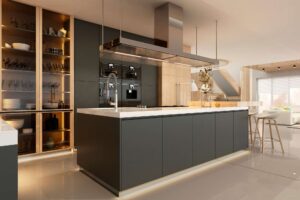 modern kitchen with grey cabinets
