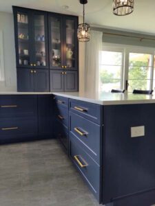 blue and gold kitchen cabinets