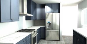 kitchen with blue cabinets